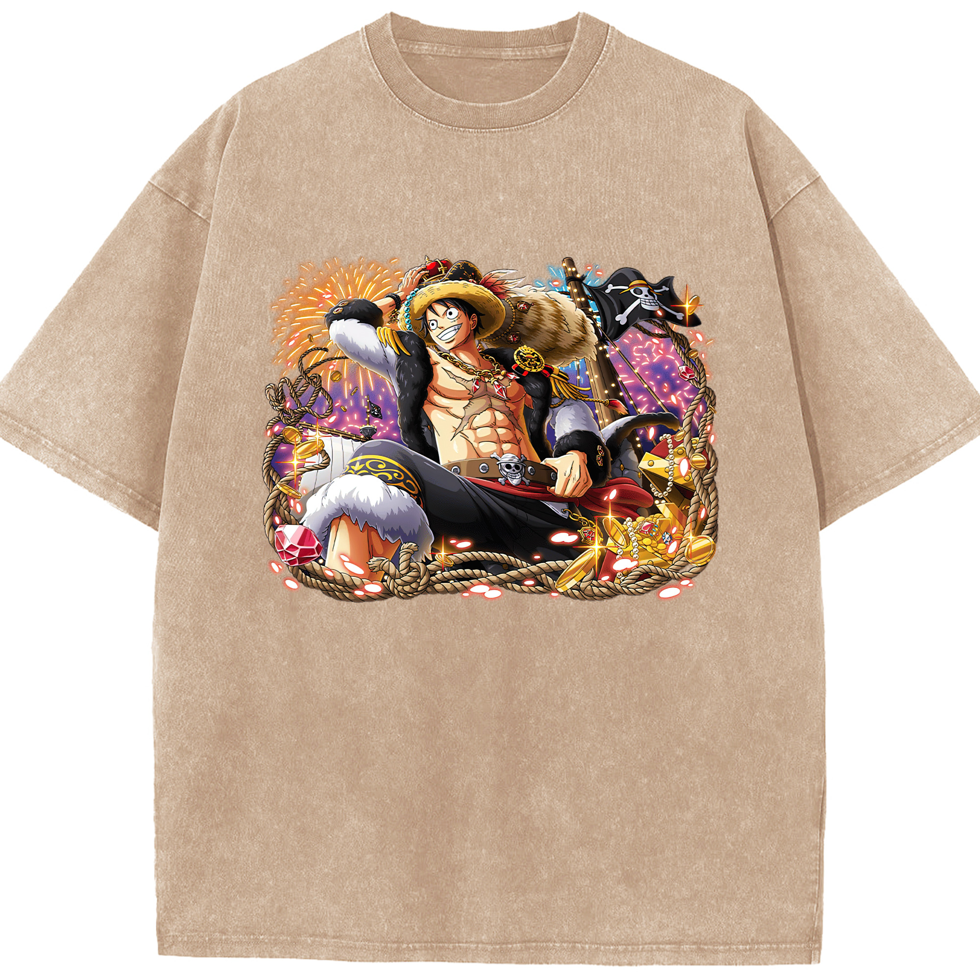 ワンピース モンキー・D・ルフィ ONE PIECE Monkey D. Luffy 綿100% ヴィンテージ風 半袖Tシャツ（フロントプリント）