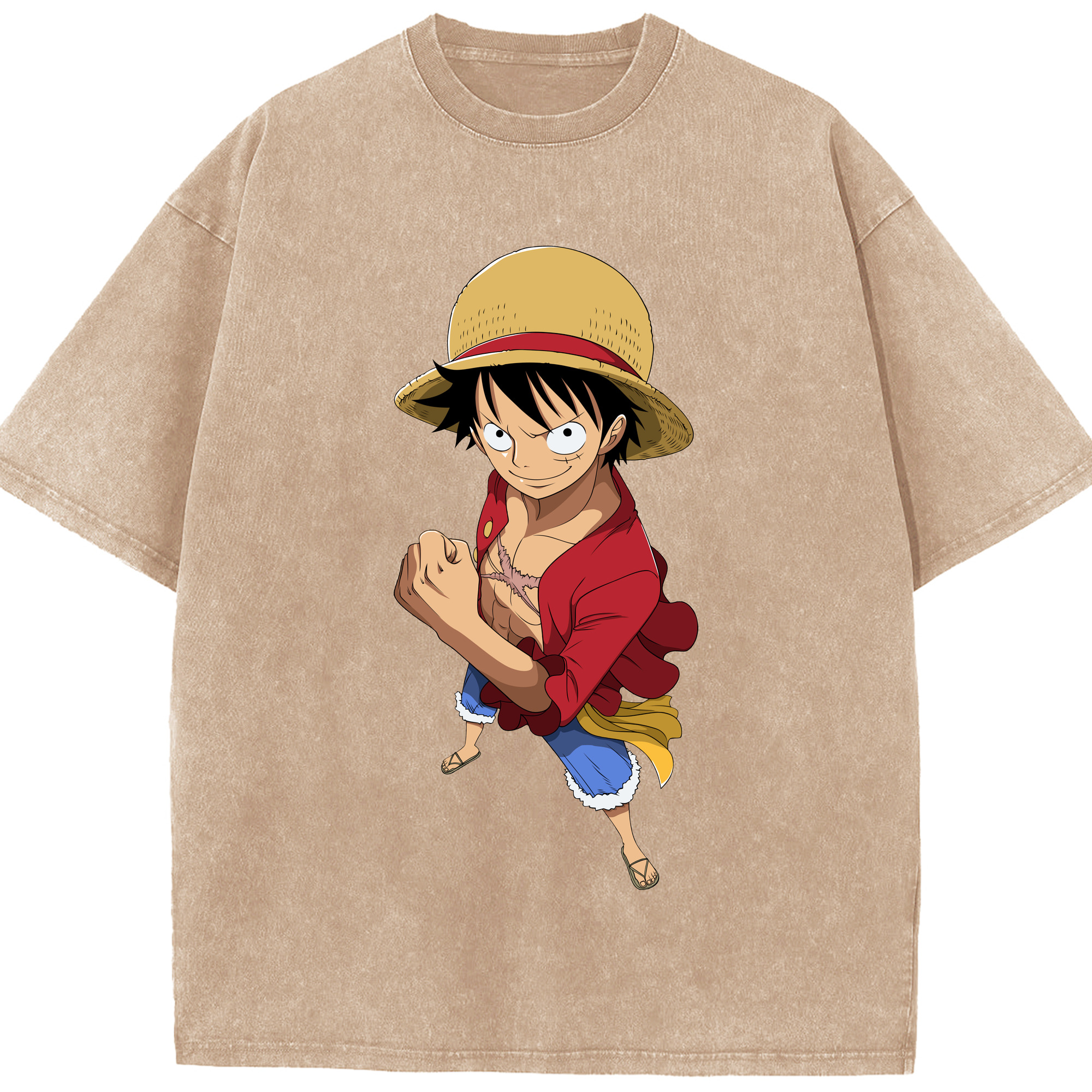 ワンピース モンキー・D・ルフィ ONE PIECE Monkey D. Luffy 綿100% ヴィンテージ風 半袖Tシャツ（フロントプリント）