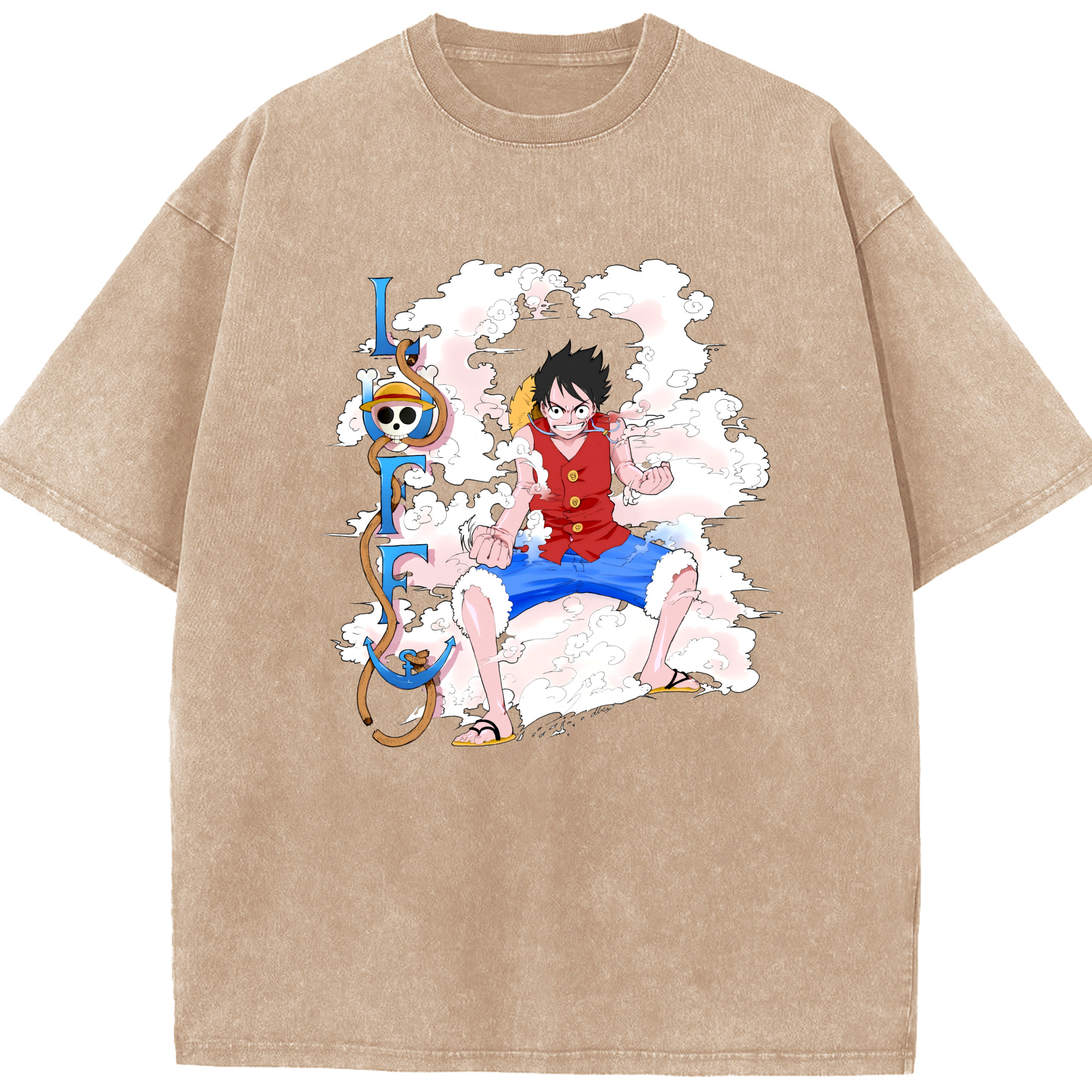 ワンピース モンキー・D・ルフィ ONE PIECE Monkey D. Luffy 綿100% ヴィンテージ風 半袖Tシャツ（フロントプリント）