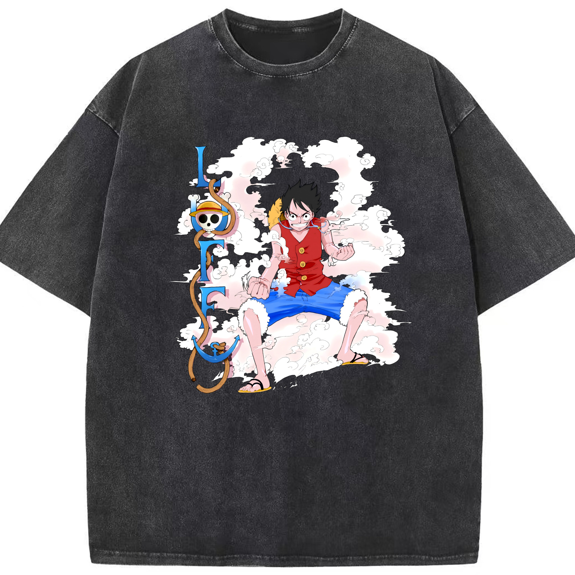 ワンピース モンキー・D・ルフィ ONE PIECE Monkey D. Luffy 綿100% ヴィンテージ風 半袖Tシャツ（フロントプリント）