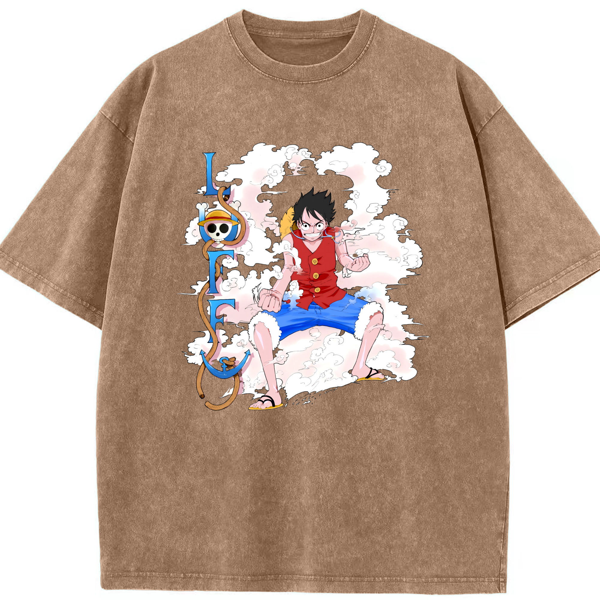 ワンピース モンキー・D・ルフィ ONE PIECE Monkey D. Luffy 綿100% ヴィンテージ風 半袖Tシャツ（フロントプリント）