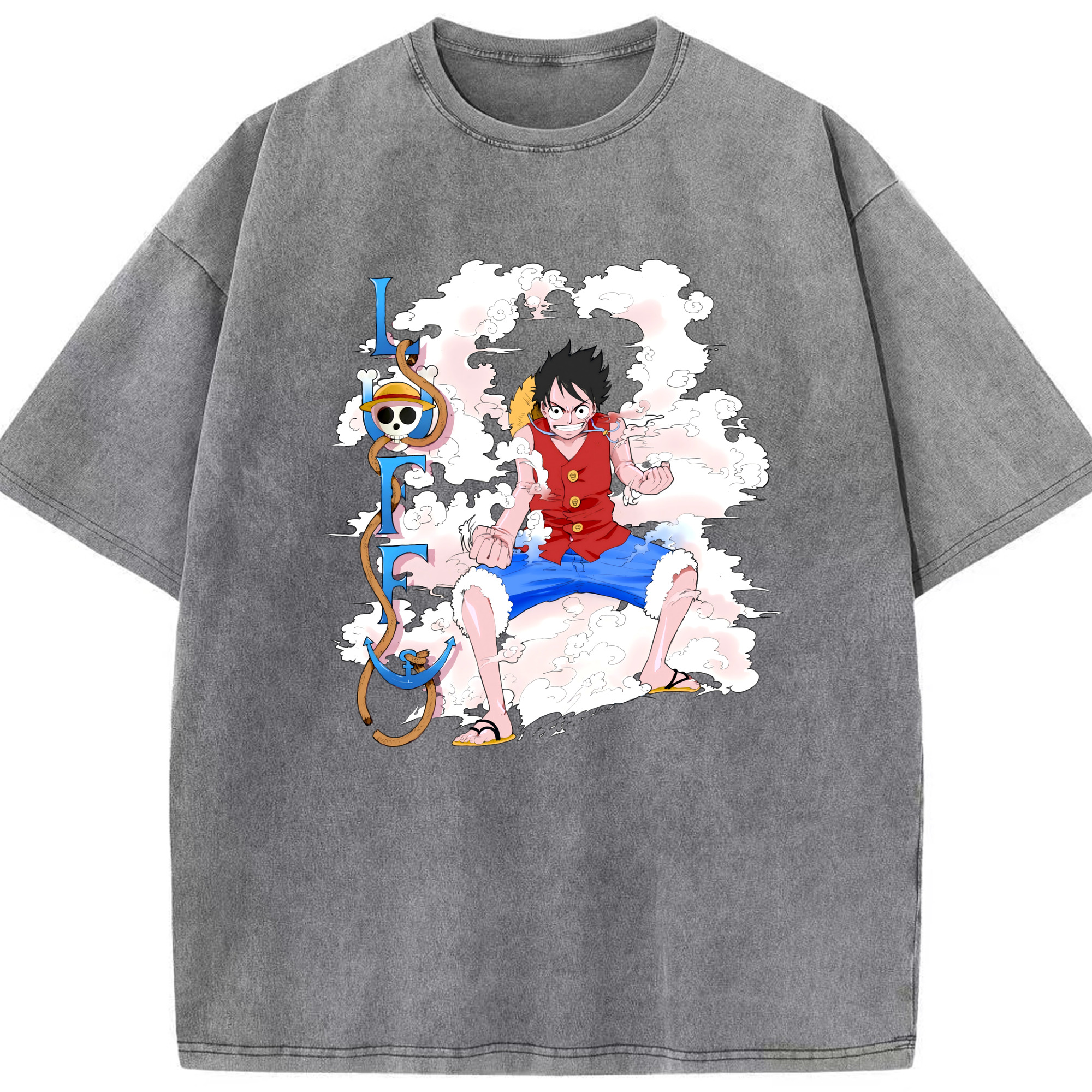 ワンピース モンキー・D・ルフィ ONE PIECE Monkey D. Luffy 綿100% ヴィンテージ風 半袖Tシャツ（フロントプリント）