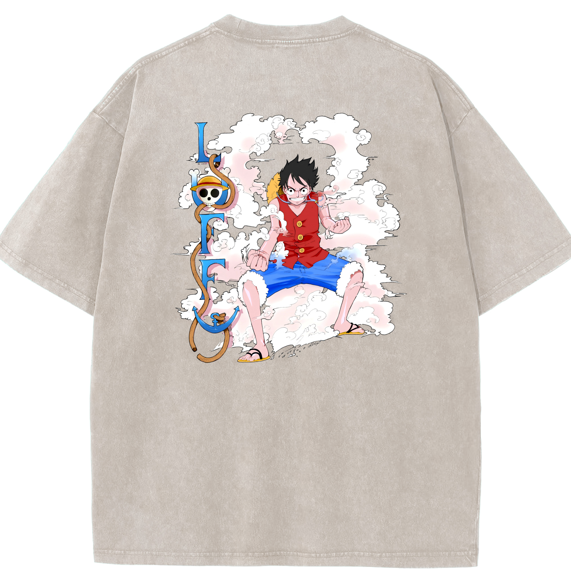 ワンピース モンキー・D・ルフィ ONE PIECE Monkey D. Luffy 綿100% ヴィンテージ風 半袖Tシャツ（背面プリント）