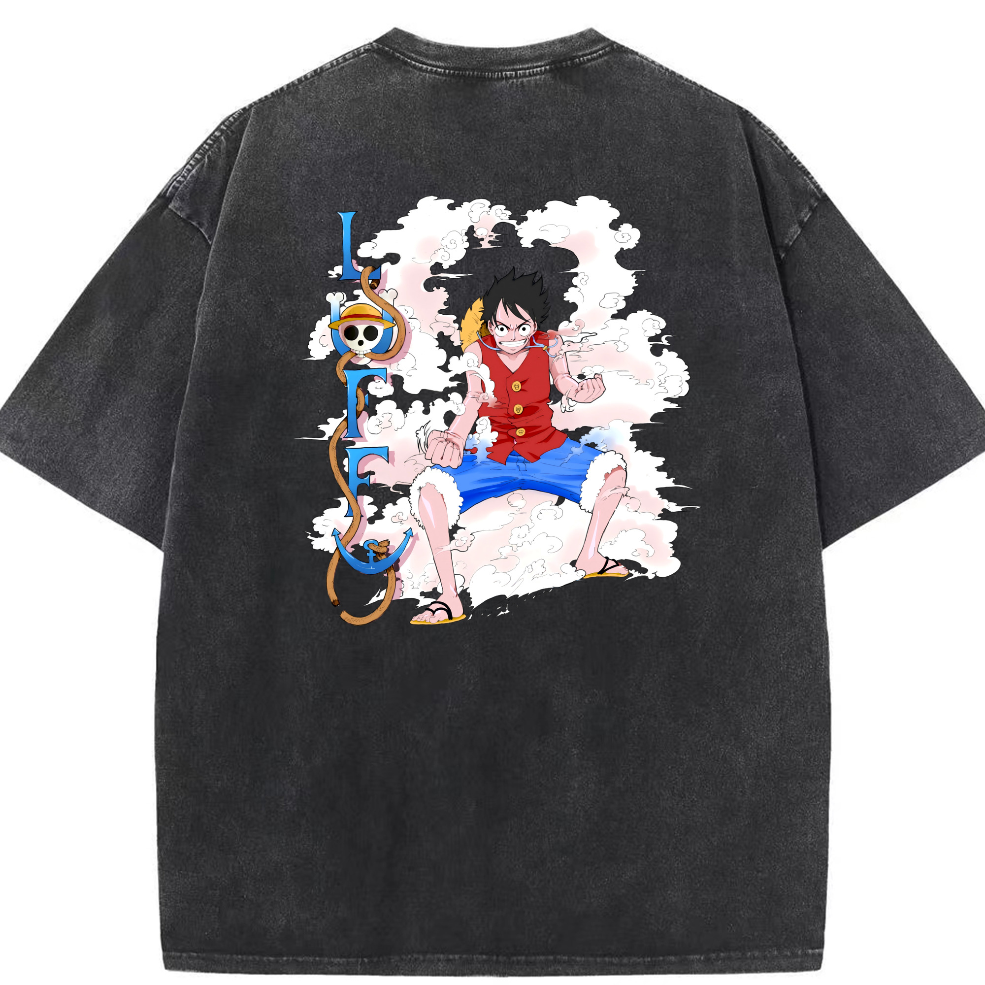 ワンピース モンキー・D・ルフィ ONE PIECE Monkey D. Luffy 綿100% ヴィンテージ風 半袖Tシャツ（背面プリント）