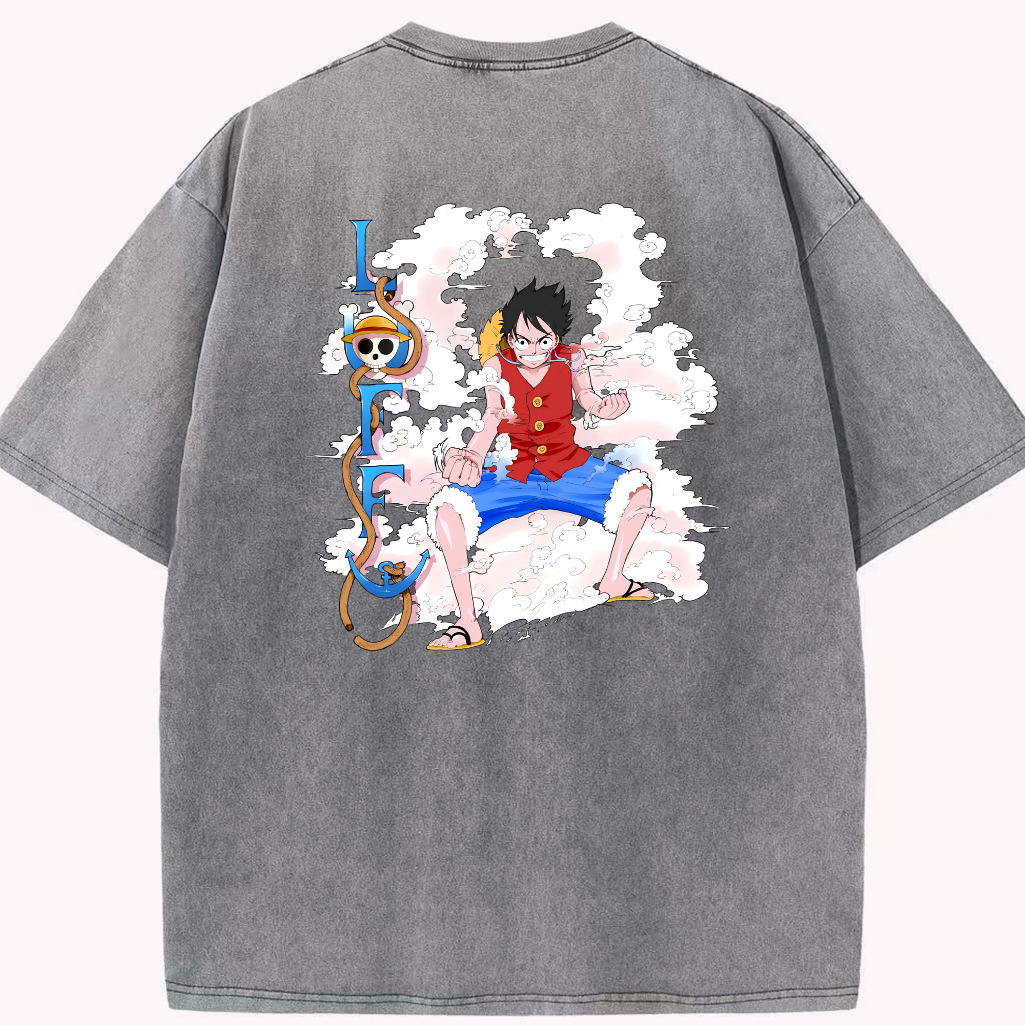 ワンピース モンキー・D・ルフィ ONE PIECE Monkey D. Luffy 綿100% ヴィンテージ風 半袖Tシャツ（背面プリント）