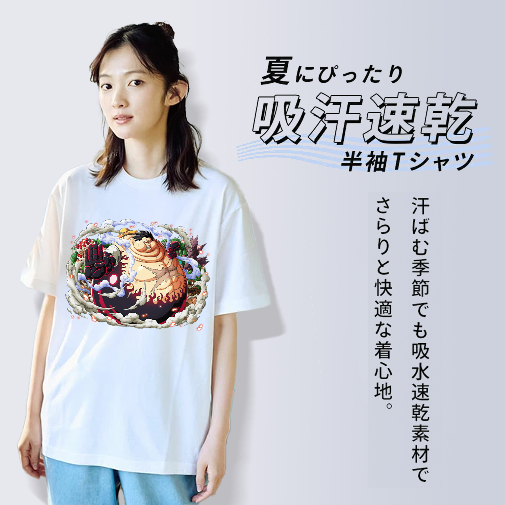 ワンピース モンキー・D・ルフィ ONE PIECE Monkey D. Luffy レディースカジュアルプリントTシャツ（綿100％）