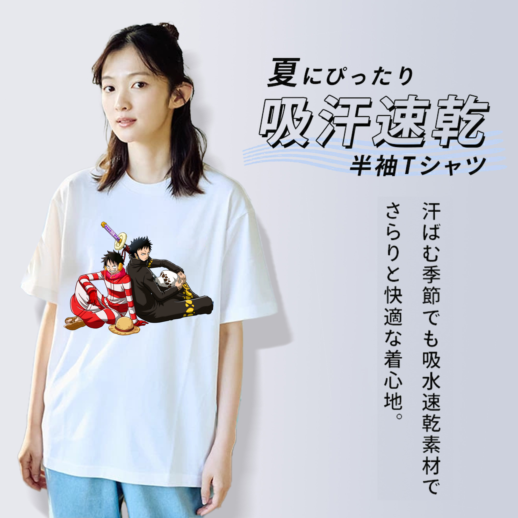 ワンピース モンキー・D・ルフィ ONE PIECE Monkey D. Luffy レディースカジュアルプリントTシャツ（綿100％）