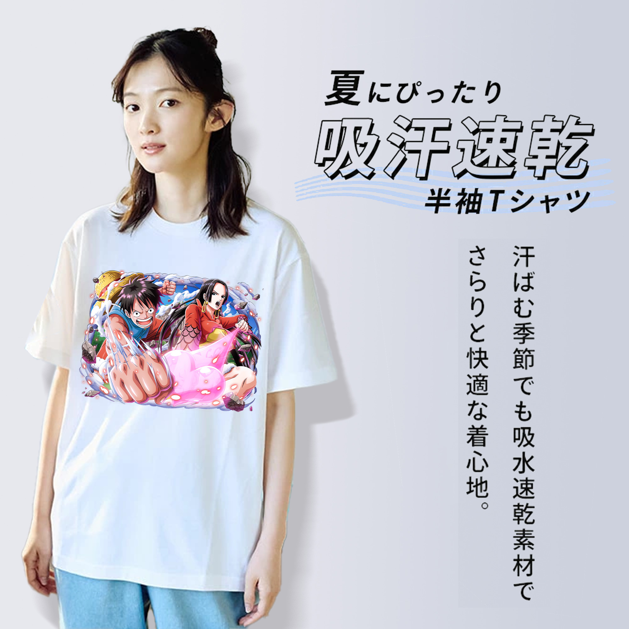 ワンピース モンキー・D・ルフィ ONE PIECE Monkey D. Luffy レディースカジュアルプリントTシャツ（綿100％）